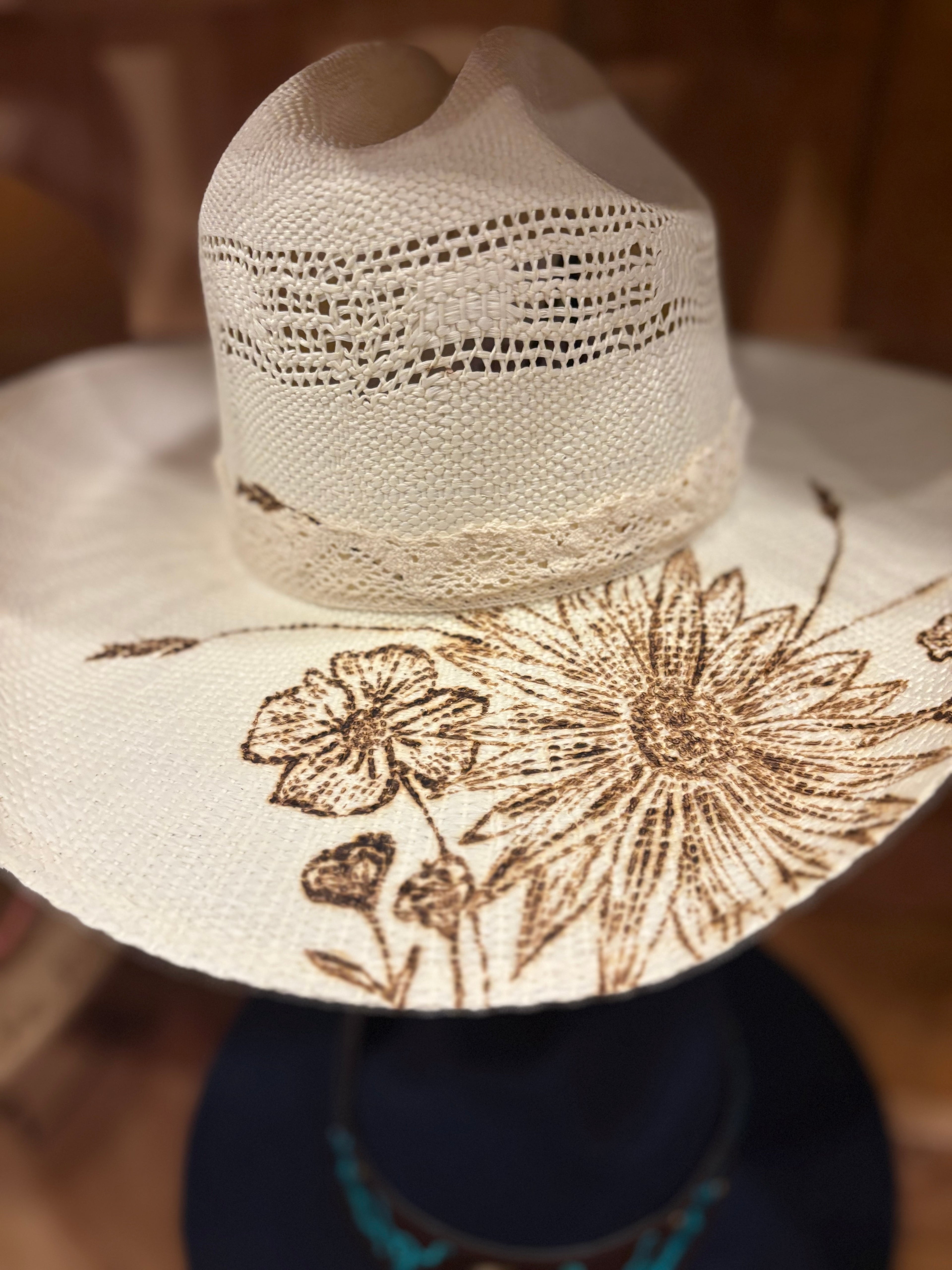Hand-Burned Wildflower & Daisy Cowboy Hat