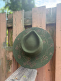 Olive Green Hand-Burned Floral Vine Wide-Brim Hat