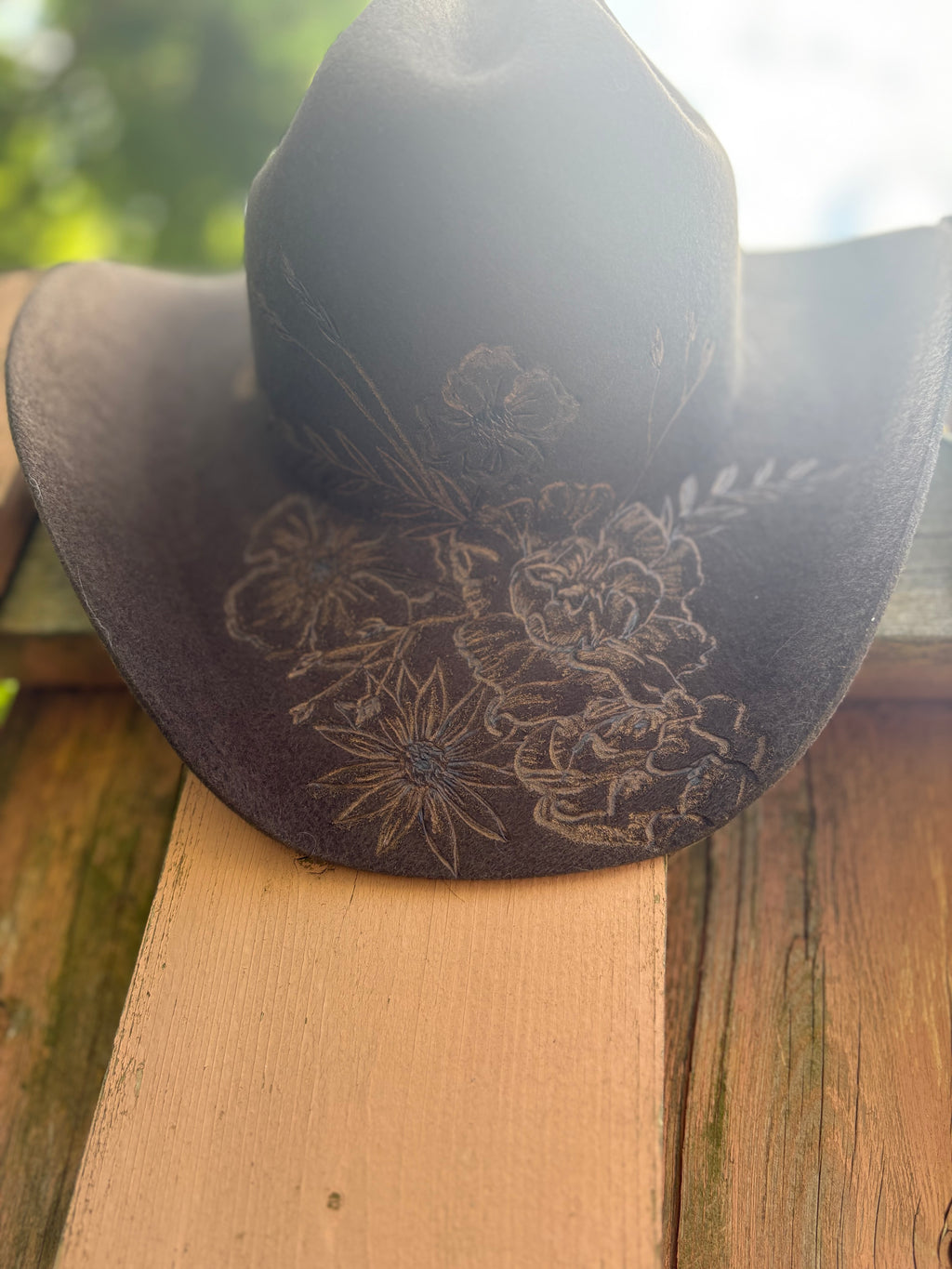 Chocolate Brown Hand-Burned Cow Skull & Floral Wool Felt Cowboy Hat