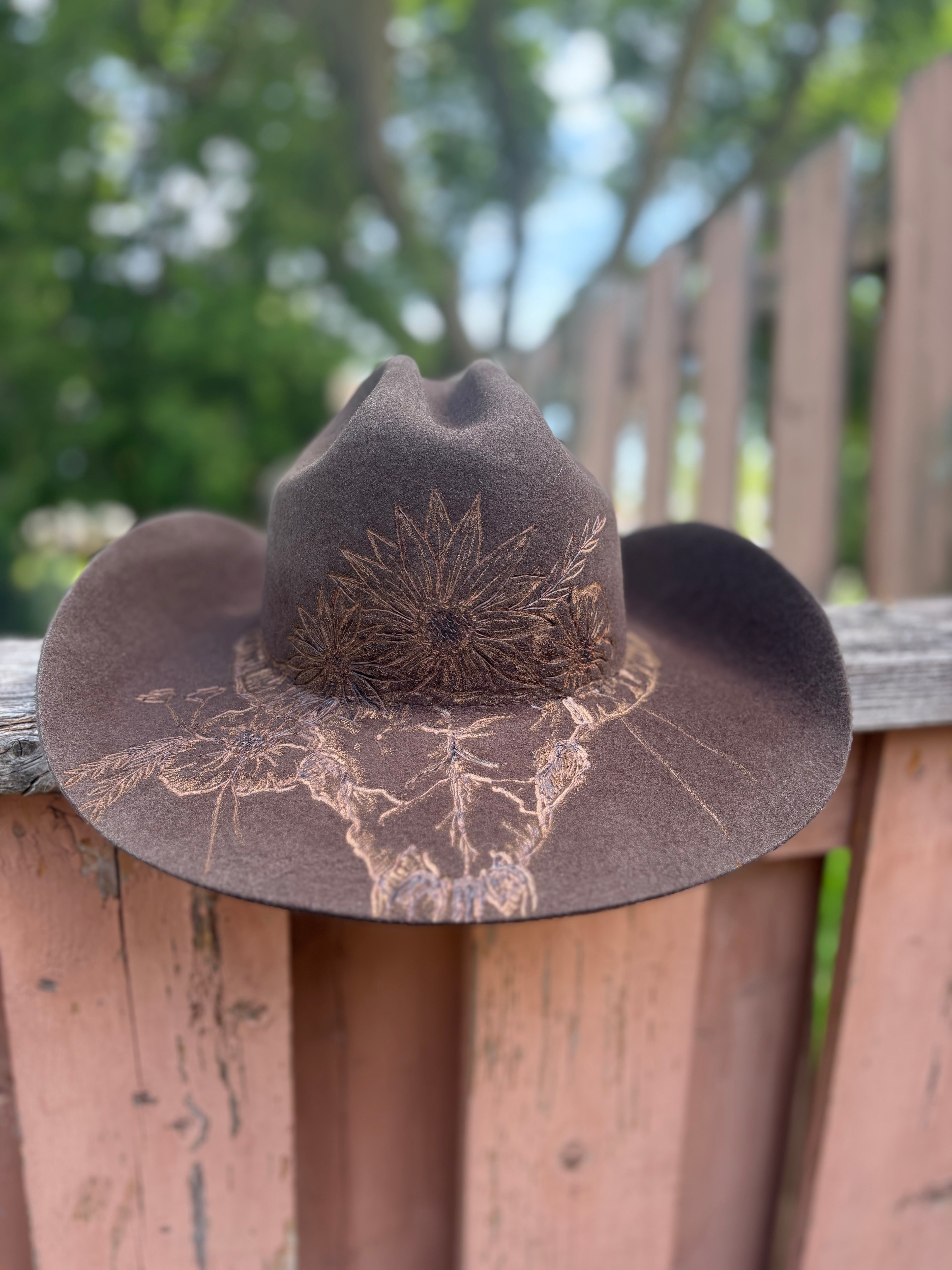 Chocolate Brown Hand-Burned Cow Skull & Floral Wool Felt Cowboy Hat