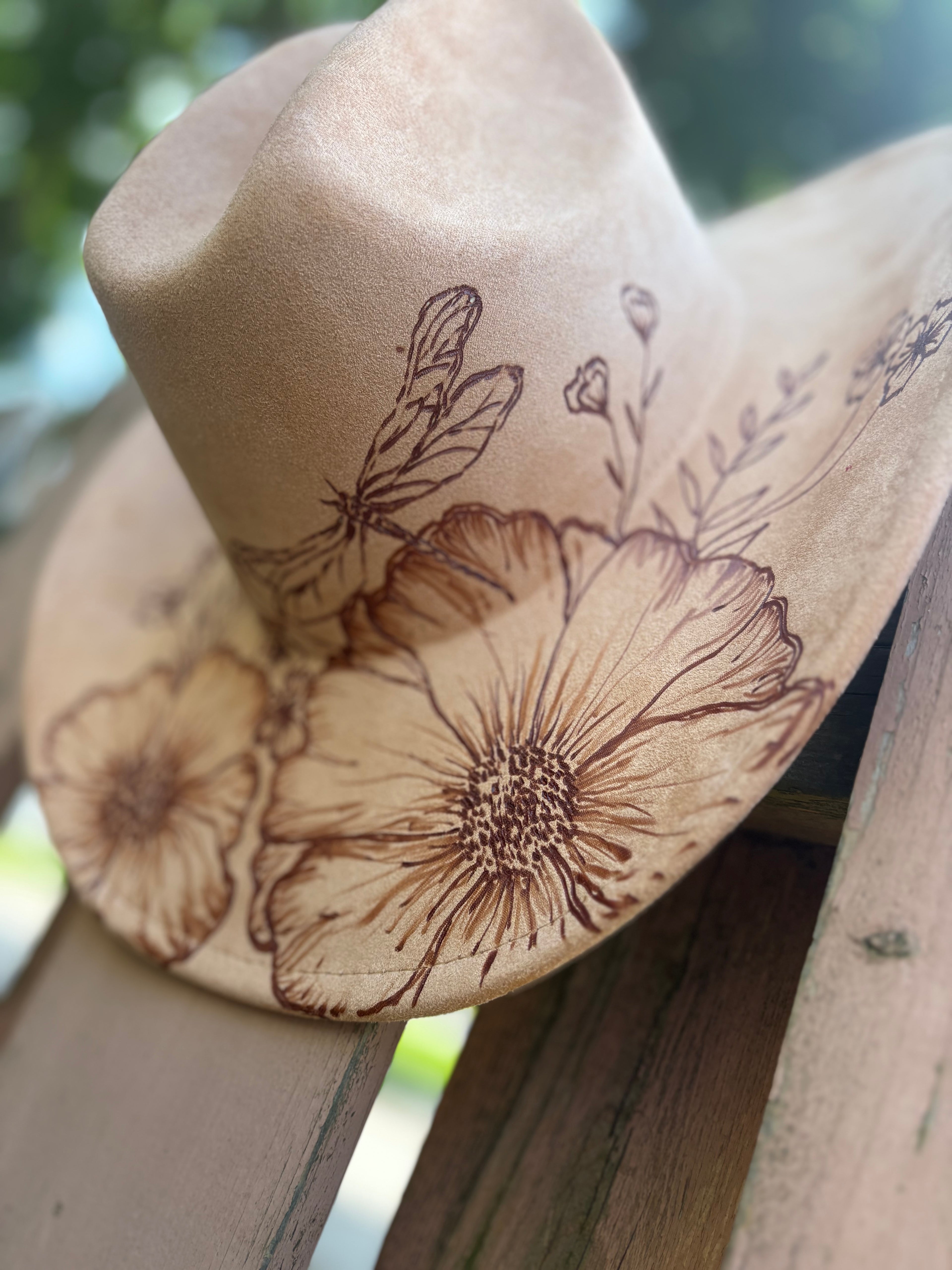 Taupe Vegan Suede Hand-Burned Dragonfly & Wildflower Cowboy Hat