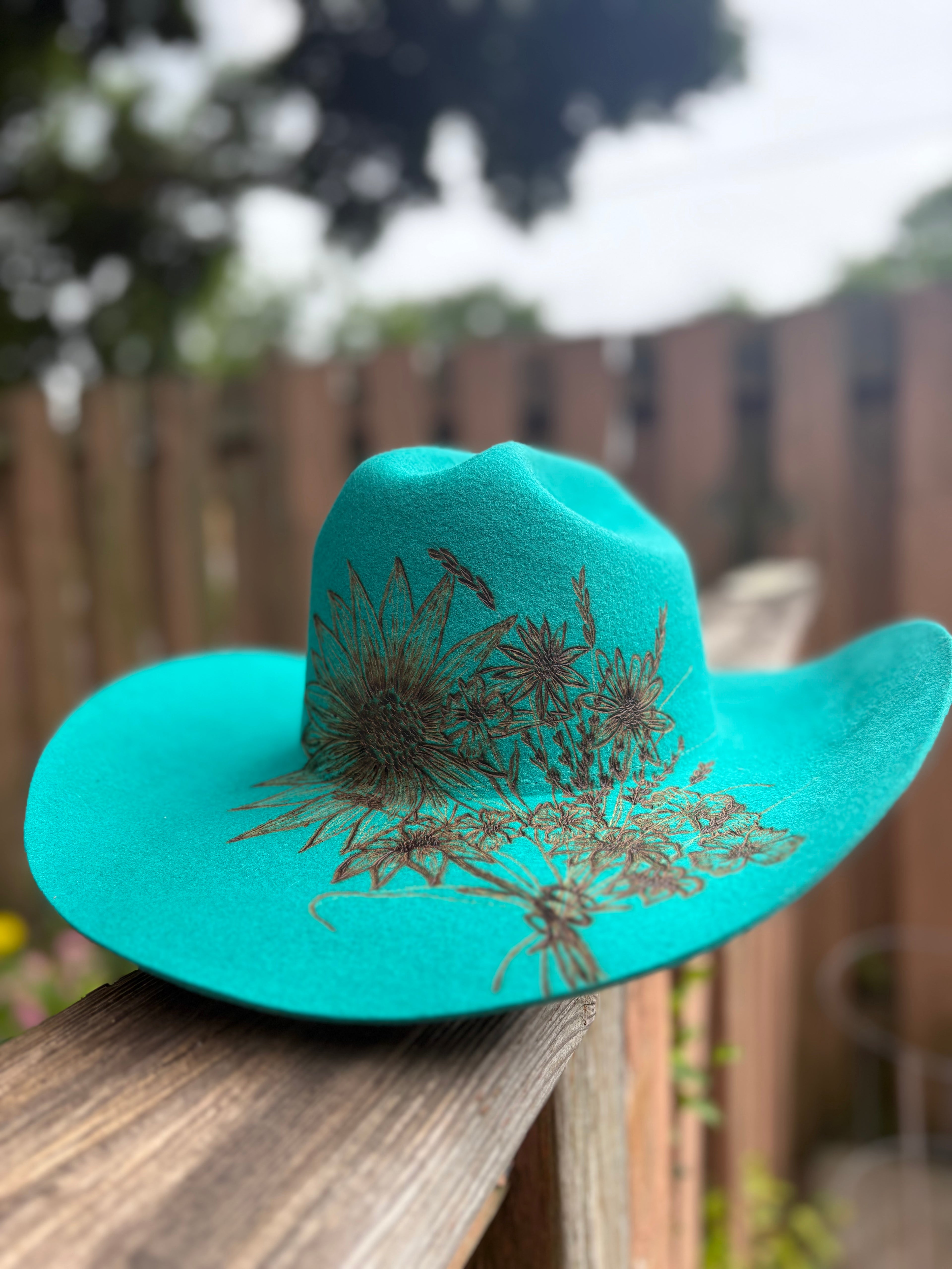 Turquoise Hand-Burned Floral Cowboy Hat — Wool Felt, 57cm