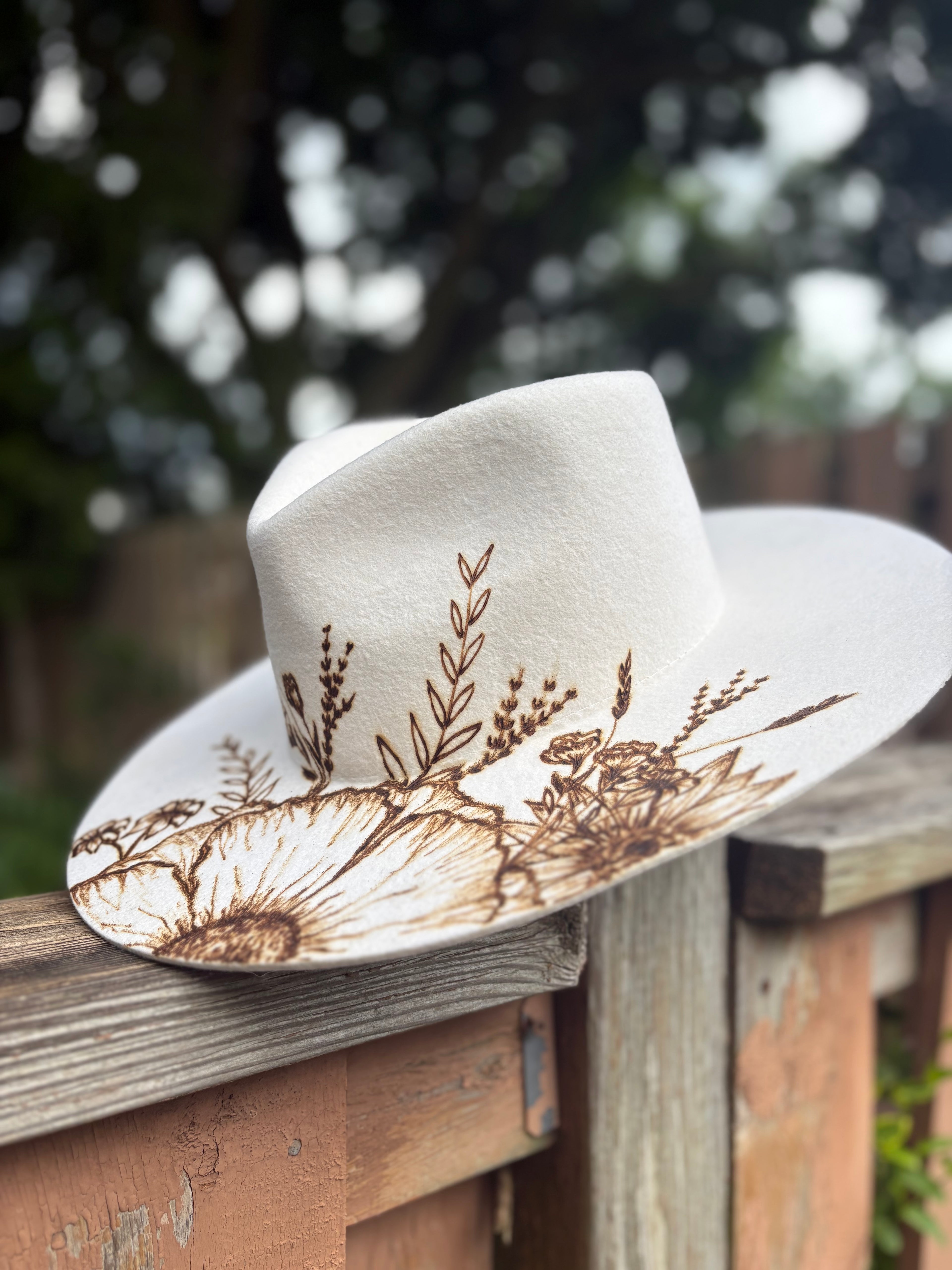 Pyrography Botanical White Felt Cowboy Hat