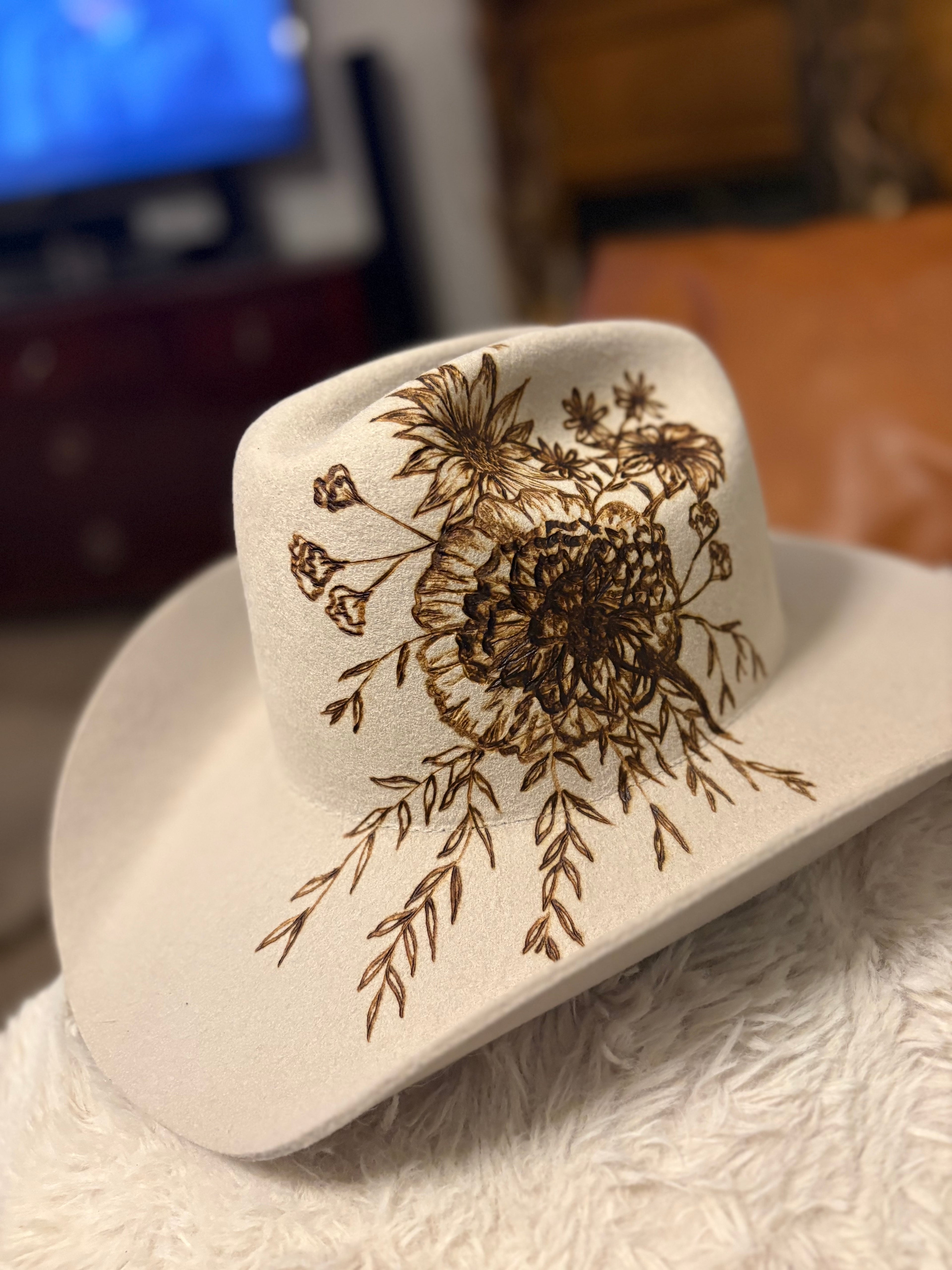 Pyrography Botanical Silver Belly Wool Felt Cowboy Hat