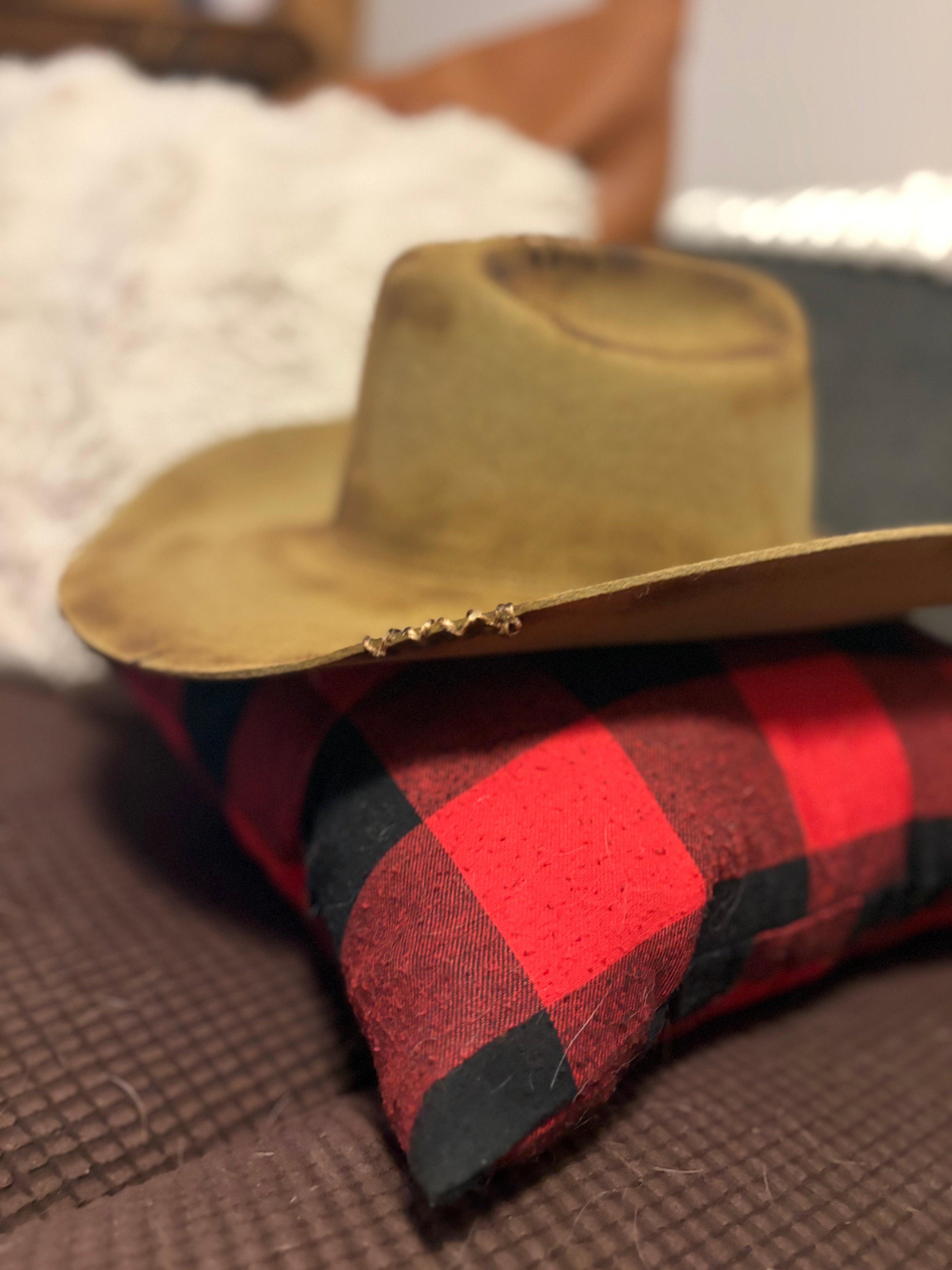 Tan felt cowboy hat — side profile view on buffalo plaid