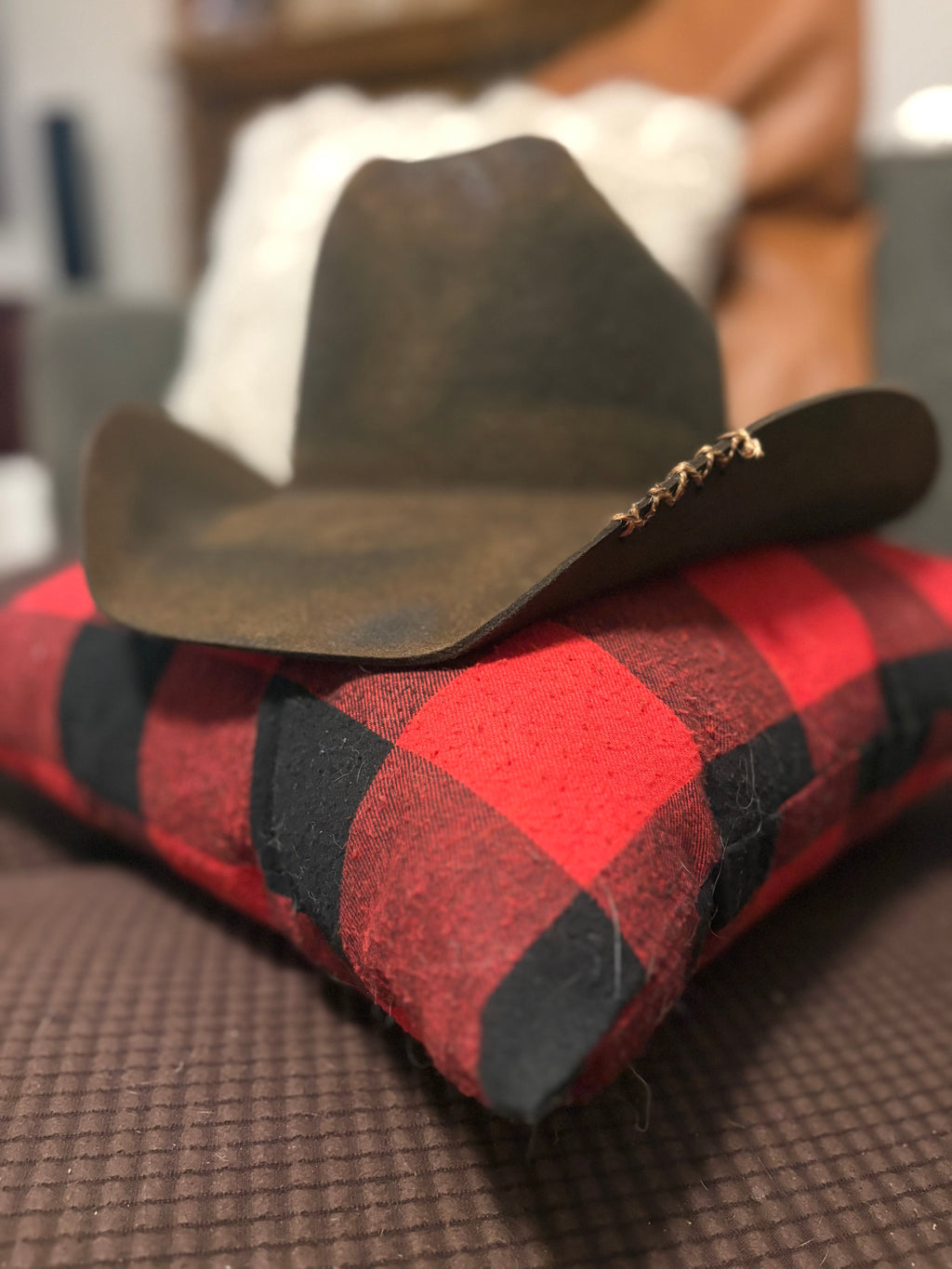 Brown felt cowboy hat gold chain band detail