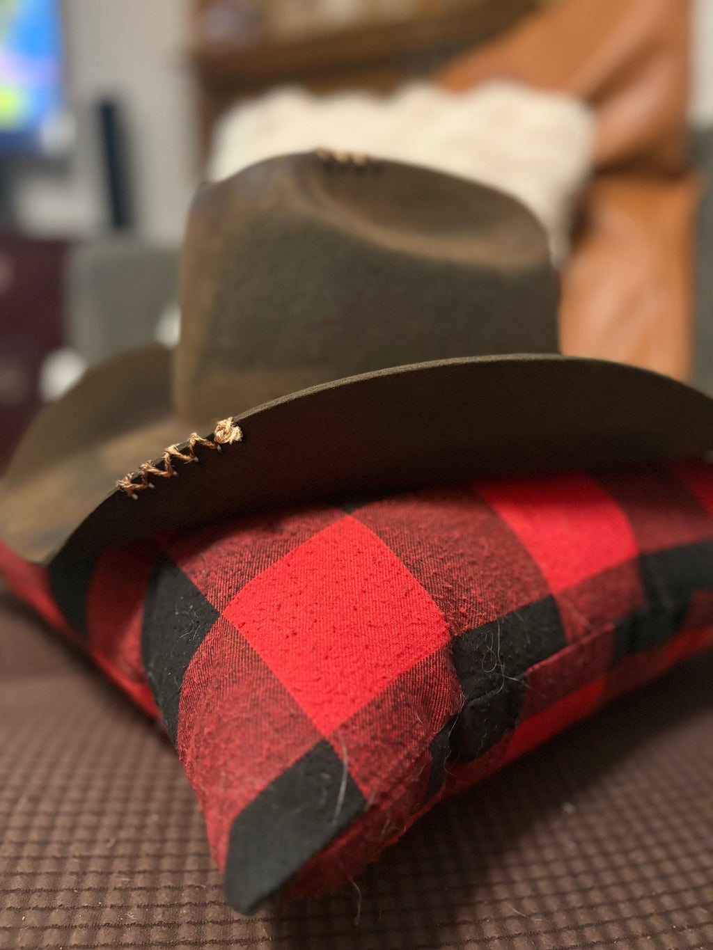Brown felt cowboy hat front view on buffalo plaid pillow