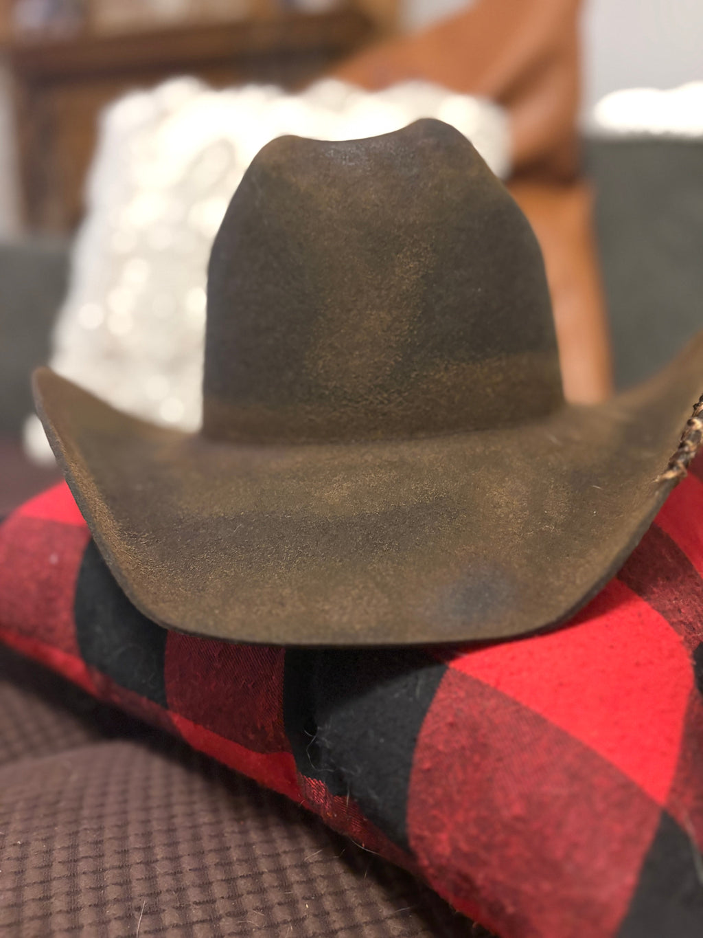 Brown felt cowboy hat side view on buffalo plaid pillow