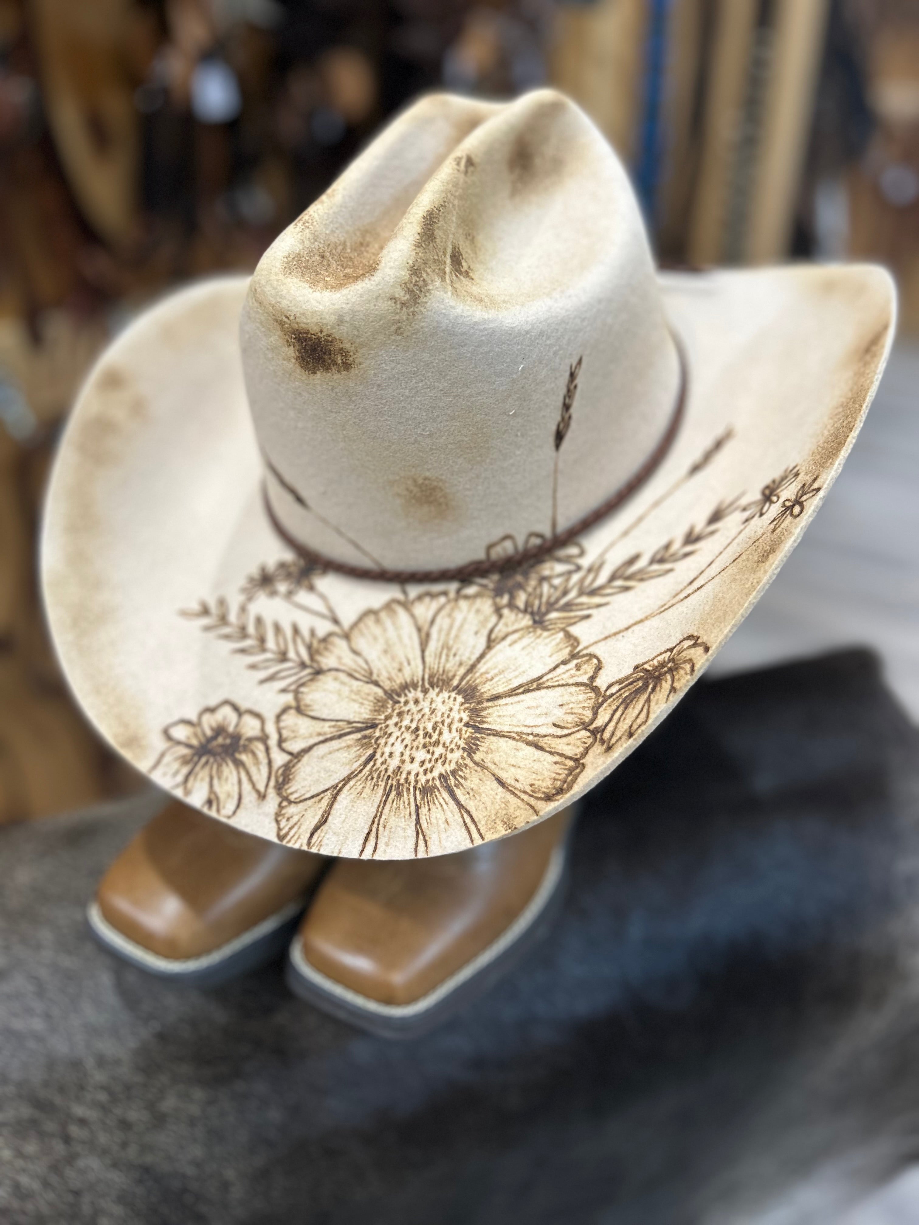 Beige Hand-Burned Daisy & Wildflower Cowboy Hat